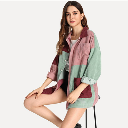 SHEIN Casual Multicolor Cut and Sew Pocket Front Corduroy Single Breasted Coat Autumn Modern Lady Women Coat Outerwear