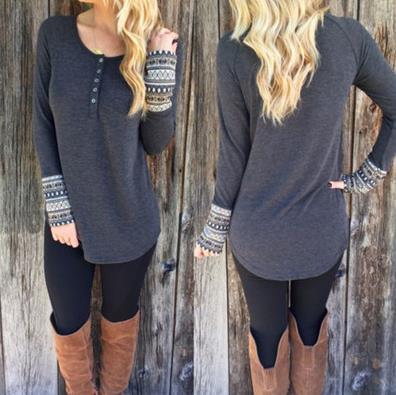 Round neck long sleeve loose irregular stitching dovetail T-shirt