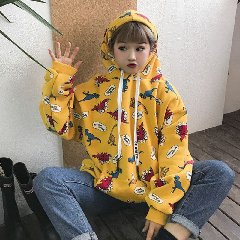 2021 autumn new Japanese sweet student loose coat small dinosaur print hooded sweater casual blouse