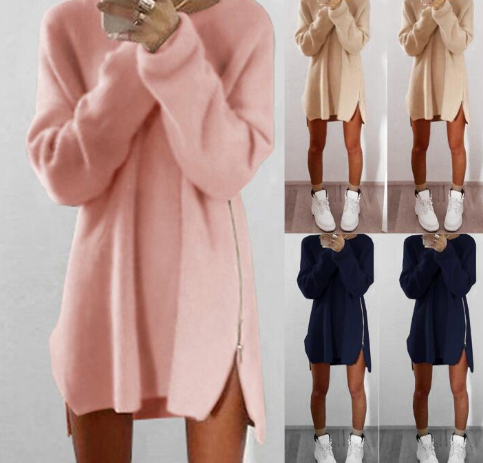 Autumn and winter Europe and the new casual loose zipper sweater dress