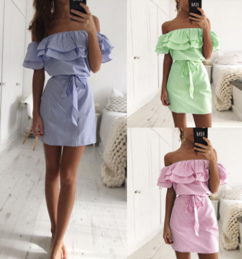 Strapless women's lotus leaf sleeve striped dress