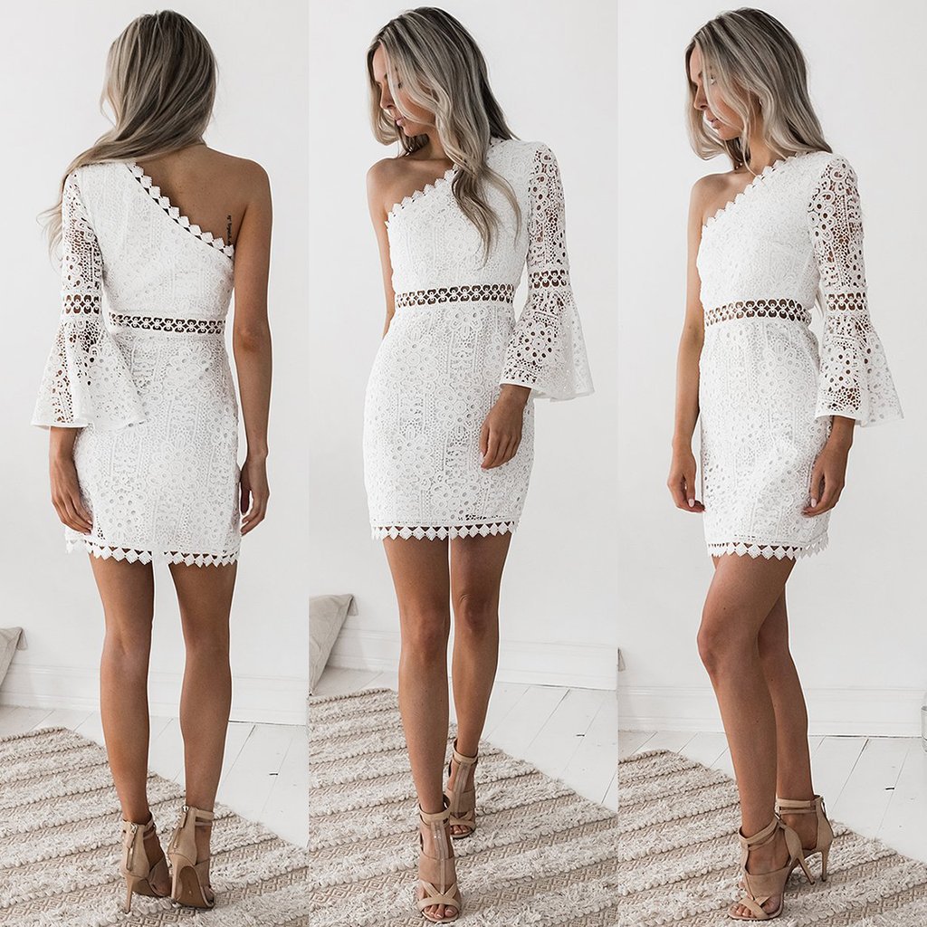Sexy slanted shoulder lace stitching openwork long sleeve dress