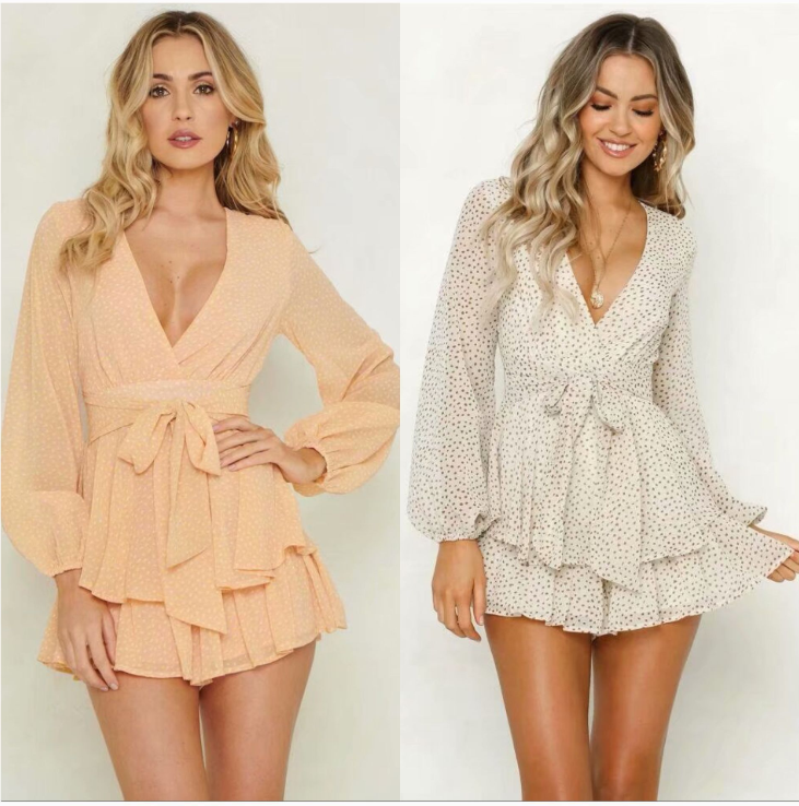 Lantern Sleeve Polka Dot Waist Jumpsuit