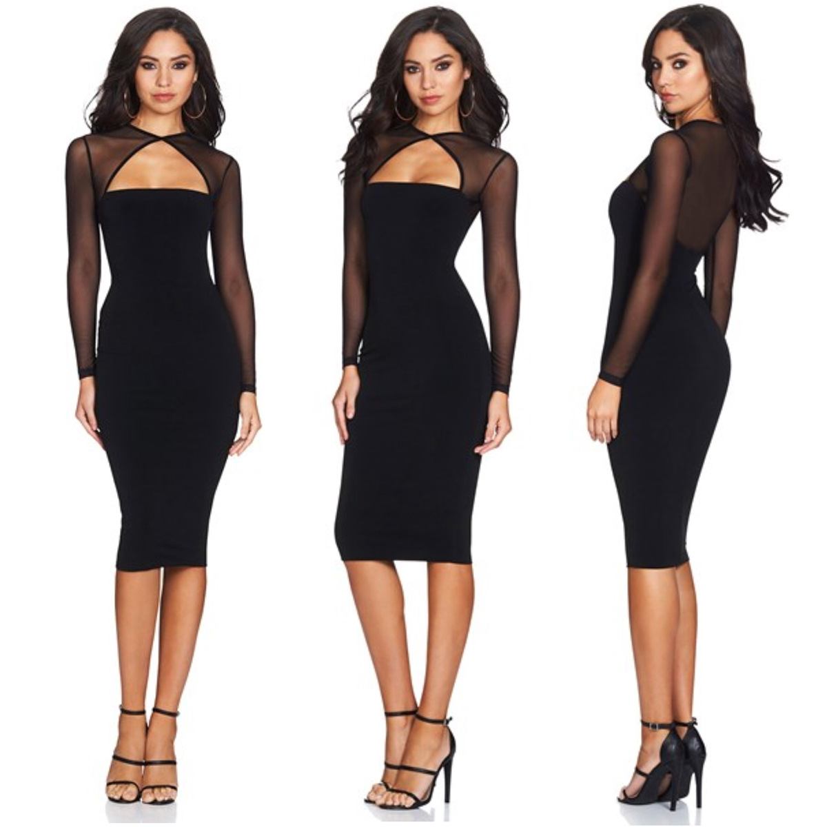 USA Size Black long sleeve autumn and winter sexy perspective mesh stitching fleece dress