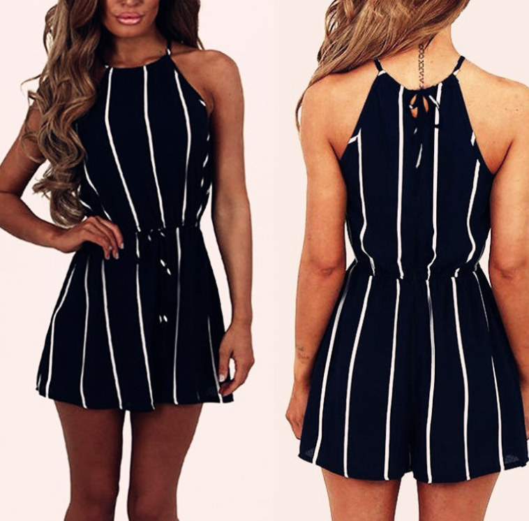European and American striped print sleeveless jumpsuit shorts