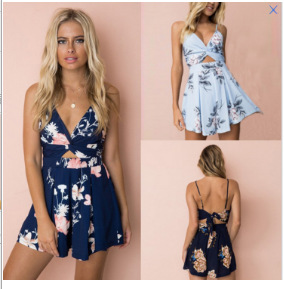 Europe and America ebay AliExpress Amazon Explosion Hot 3 Color Strap Print Jumpsuit ebay Hot Sale