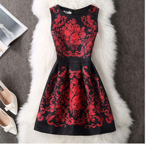 Autumn Winter Elegant Sexy Casual Floral Dress Vintage Sleveeless Party Dresses