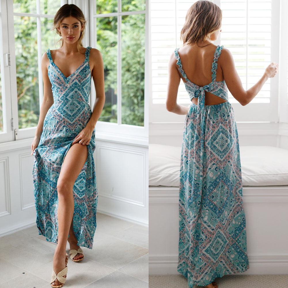 European and American spring and summer WISH explosion dress sexy strap tie knot waist printed dress ZC3072