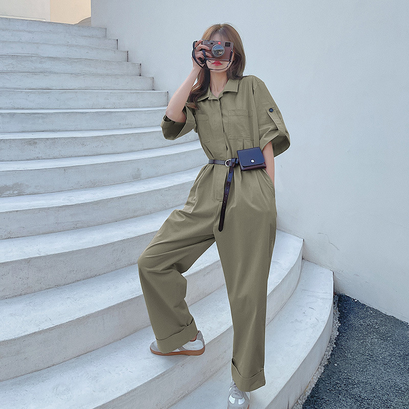 Fashionable Hong Kong Style Casual Workwear Wide Leg Jumpsuit