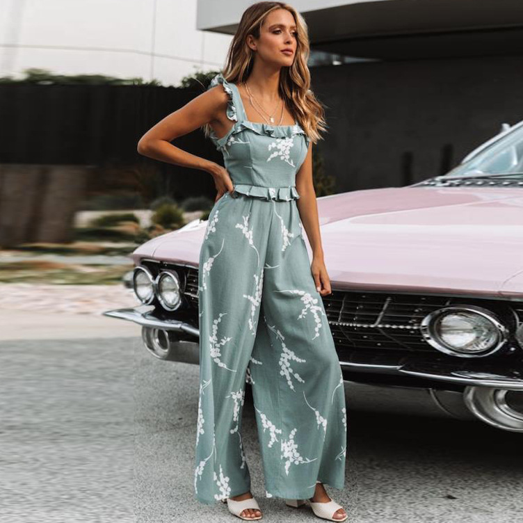 Ruffle print jumpsuit with suspenders