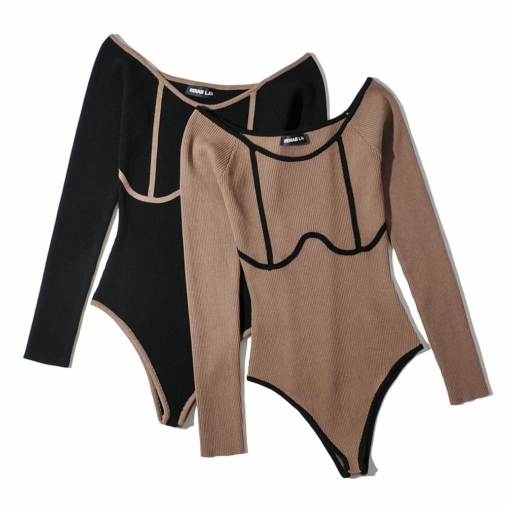 Tight-fitting Contrast Knit Long-sleeved Bodysuit