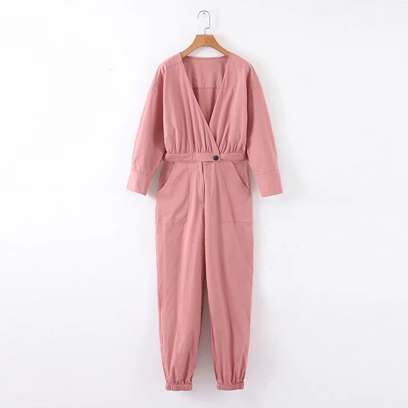Pink V-neck Overalls