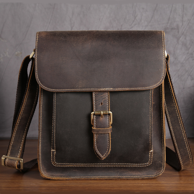 Men's Retro Cowhide Crazy Horse Leather Shoulder Bag Messenger Bag
