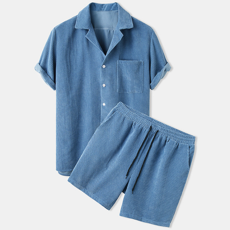 Cross-border Foreign Trade Men's 2023 Summer New Solid Color Corduroy Casual Suit Collar Shirt Shorts Suit In Stock