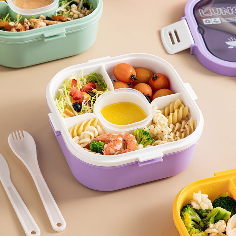 All-in-One Salad Container - Large Salad Bowl, Bento Box Tray, Leak-Proof Sauce Container, Airtight Lid, & Fork for Healthy Adult Lunches; BPA-Free & Dishwasher/Microwave Safe 