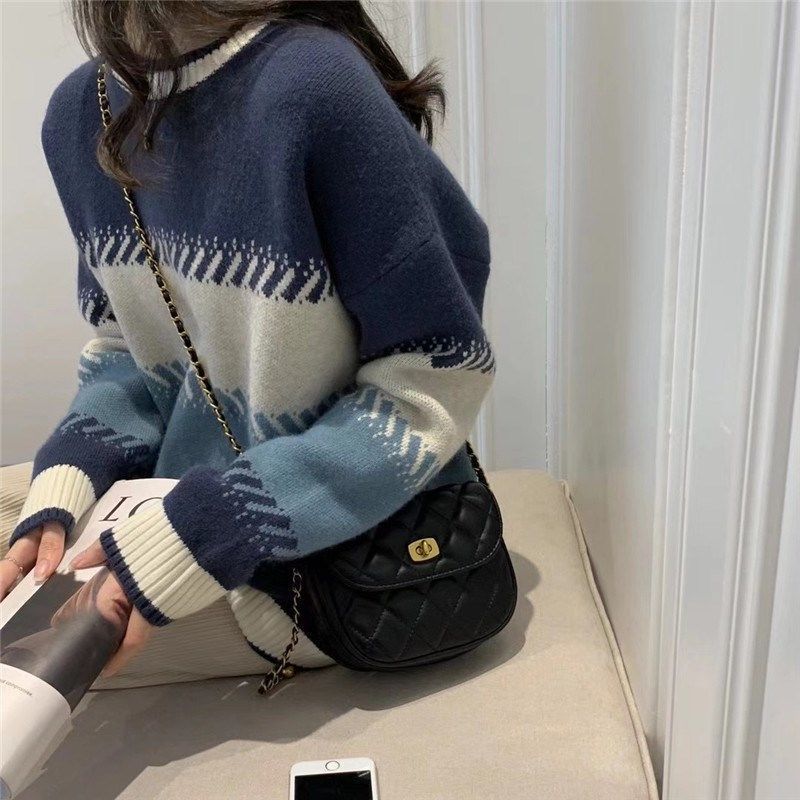 Color Block Crew Neck Sweater Versatile Long Sleeve Sweater For Fall & Winter Women's Clothing