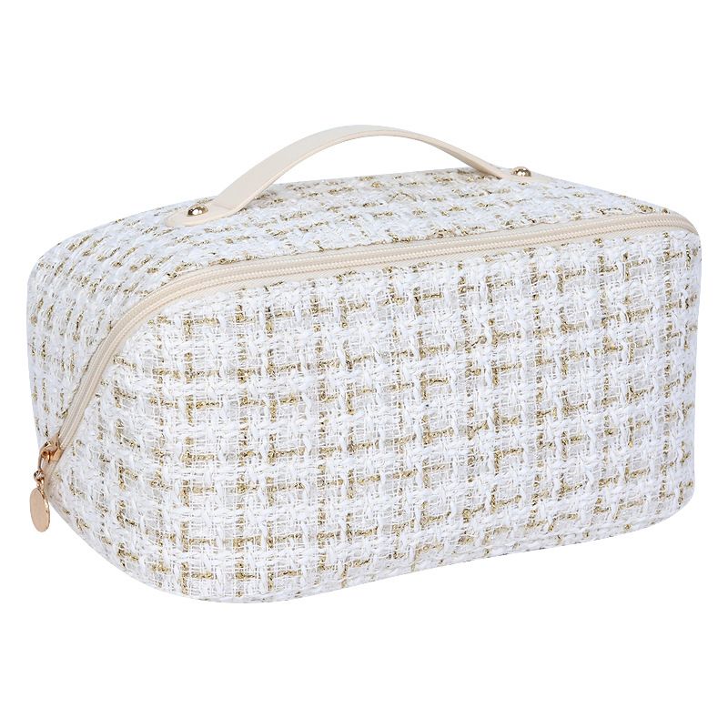 Plaid Pattern Large Capacity Cosmetic Bag - Women Portable Travel Makeup Bag With Handle And Divider Flat Lay Makeup Organizer