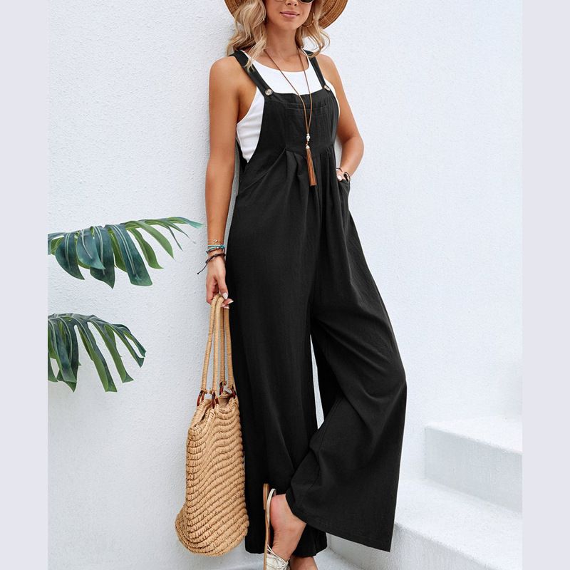 Boho Solid Sleeveless Long Length Jumpsuit, Casual Baggy Jumpsuit With Pockets, Women's Clothing