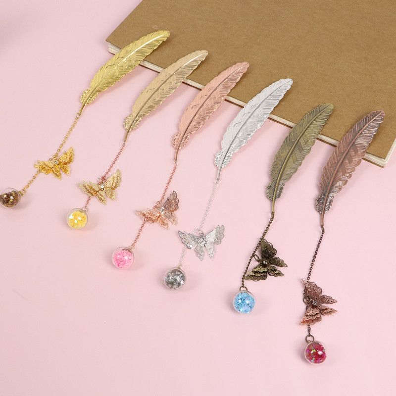 Vintage Bookmark Feather Butterfly Creative Bookmark Pendant Brass Book Mark Stationery School Office Supplies 