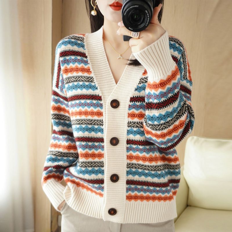 Stripes Open Front Contrast Trim Coat Casual V Neck Long Sleeve Cardigans Top For Spring & Fall Women's Clothing