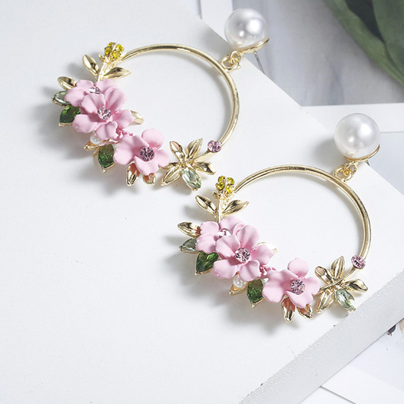 Trendy Cute Pink Flower Earrings For Women Girls Jewelry Female Rhinestone Gold Metal Round Circle Earrings Gift