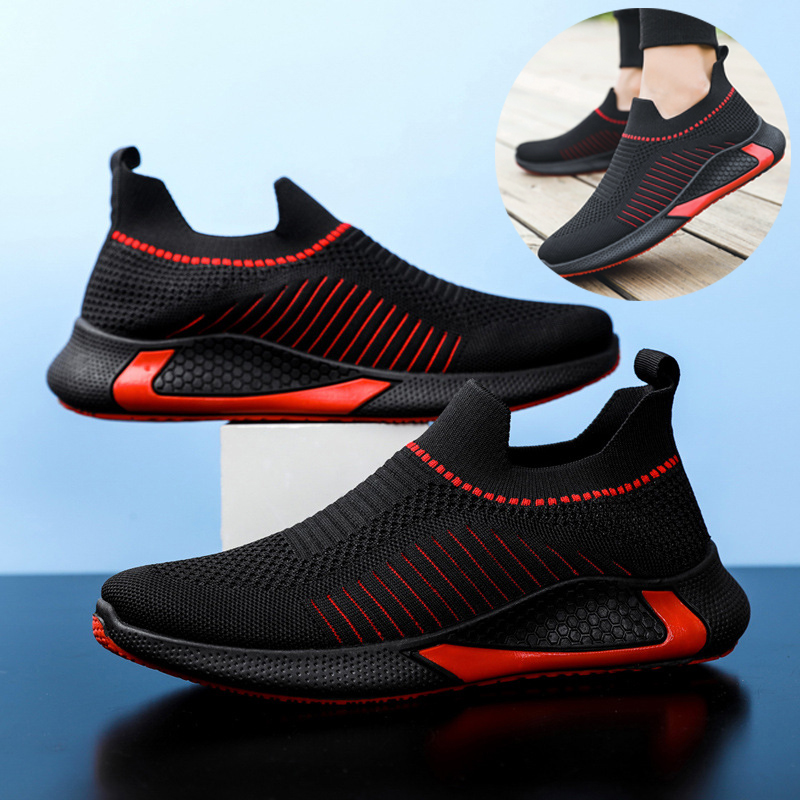  Moda Örgü Çorap Ayakkabı Çizgili Tasarım Erkekler Açık Nefes Slip-on Spor Ayakkabı Csuale Hafif Koşu Spor Ayakkabıları