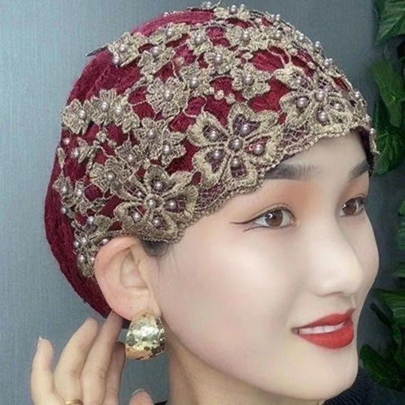 Kadınlar için Vintage İşlemeli Çiçek Boncuklu Dekor Türban Şapkası - Hafif ve Nefes Alabilir Ramazan Başlığı