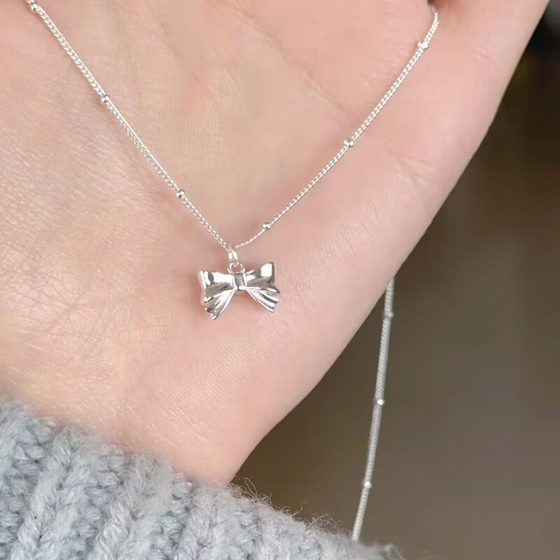  Fashionable And Lovely S925 Sterling Silver Bowknot Pendant Necklace With Elegant Side Beaded Chain, Perfect For Valentine's Day, Mother's Day