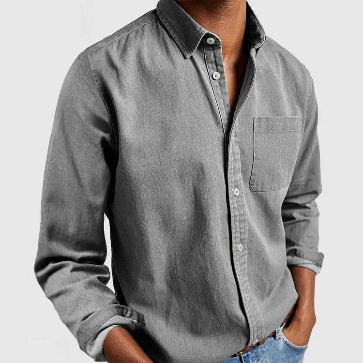 Long Sleeve Shirt Turn-down Collar Men Dress Shirt Single-breasted Men's Slim Fit Solid Color Cardigan Shirt for Business Wear