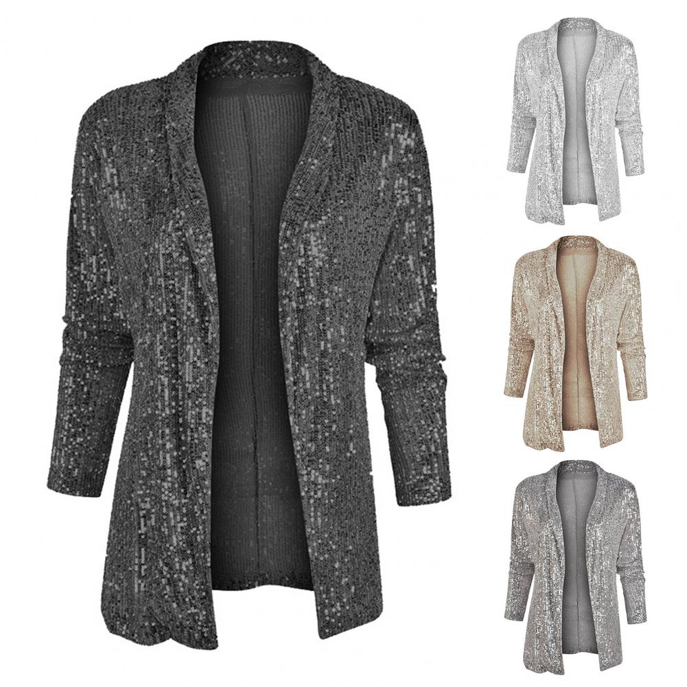 Long Sleeve Lady Jacket Sequin Long Sleeve Cardigan for Women Shiny Open Stitch Jacket for Club Stage Performance Ol Commute