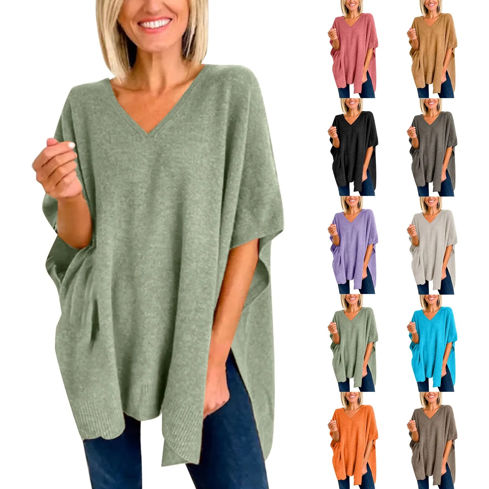 Women's Solid Color Pullover V Neck Sweater Stripe Knit Fashion Poncho Hoodies Sweaters Sweater Men Sweatshirt Women