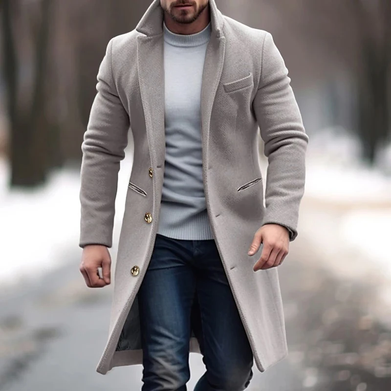 New Mens Mid Length Woolen Coat Winter Men's Single Breasted Wool Coat 2024 Mens Suit Collar Solid Color Office Pocket Jacket