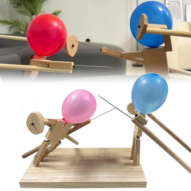 Fun Balloon Bamboo Man Battle Handmade Wooden Fencing Puppets Wooden Bots Battle Game Whack A Balloon For Party Home Decoration