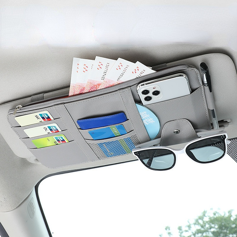 Multifunctional Business Leather Car Storage Bag Sunshade Cover Card Holder Drivers License Document Storage Sunglasses Clip
