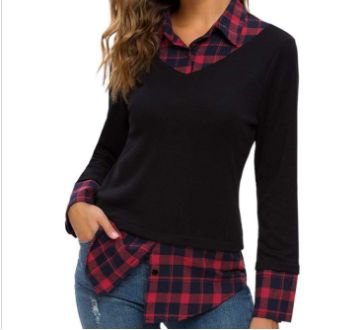 New contrast color plaid stitching button shirt collar top long sleeves for women