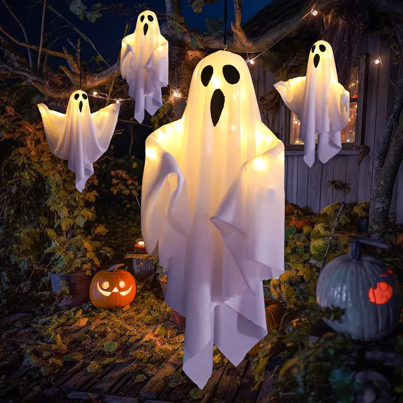 2024 LED Glow Ghost Party Halloween Decoration for Home Indoor Outdoor Haunted House Bar Hanging Horror Props with Lights