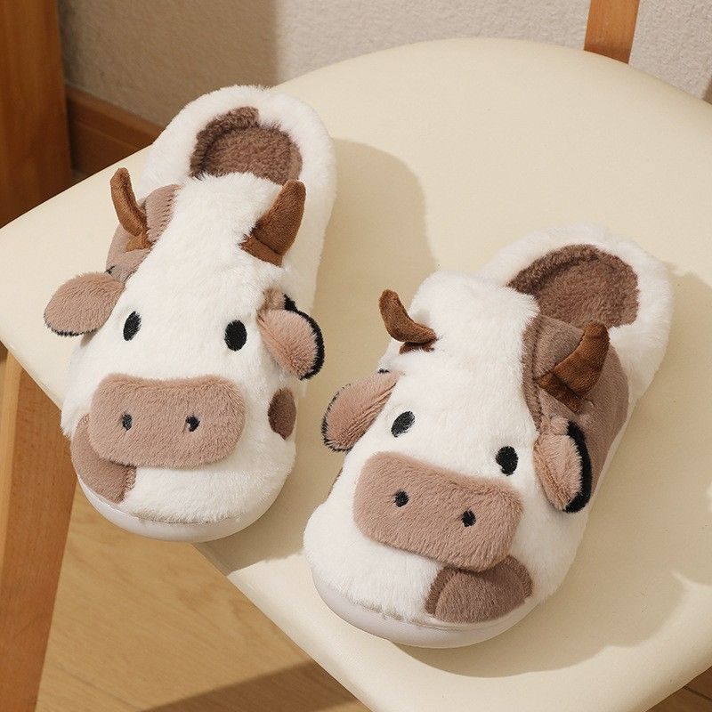 New Winter Unisex Cartoon Cow Warm Plush Slippers Couple's Indoor Non-slip Home Slides Men and Women Foot Wrap Home Cotton Shoes