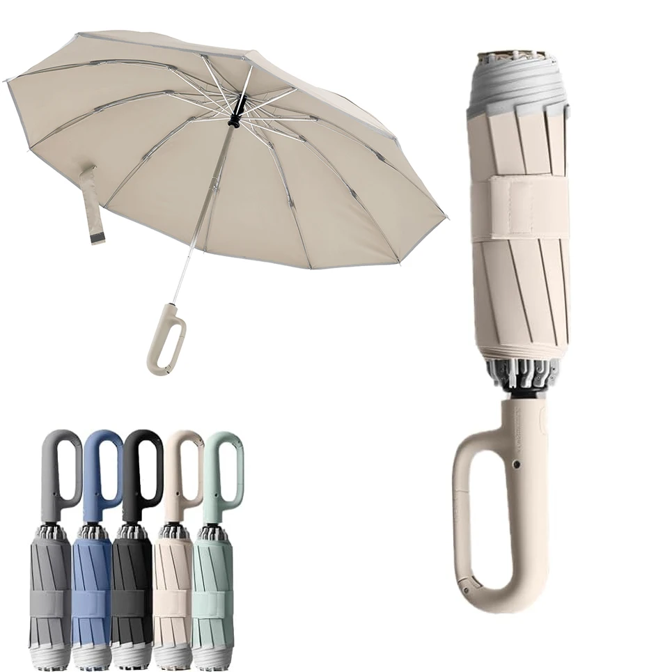 Fully Automatic Umbrella Windproof Sun Protection Folding Umbrella Portable Travel Anti-UV Umbrella with Reflective Strips and Carabiner Handle