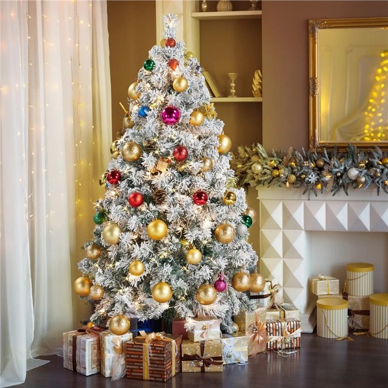 Flocked Artificial Snow Frosted Christmas Tree Articulated Spruce Holiday Decorative Tree with Warm Lights