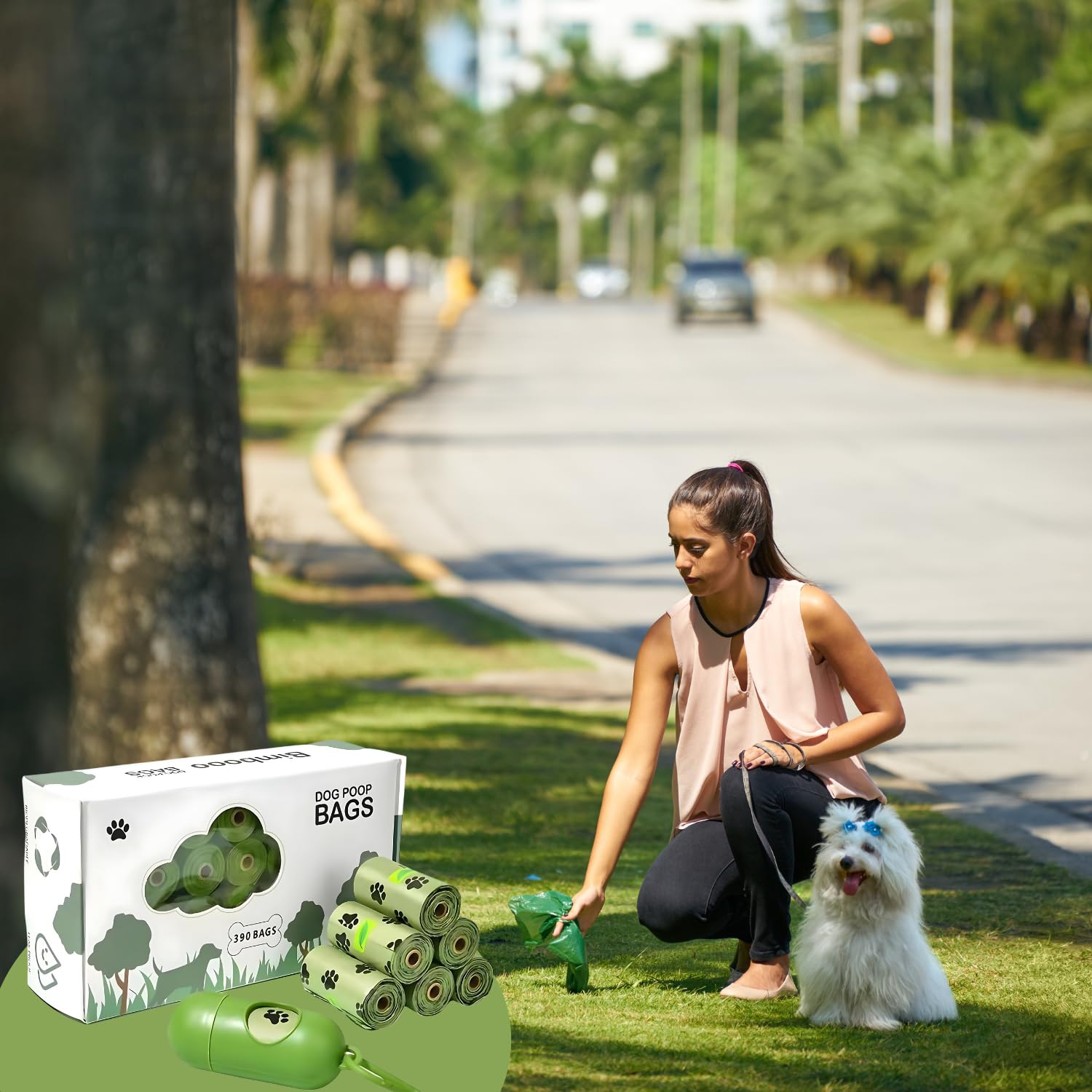 Dog poop bag refill roll with dispenser to ensure leak-proof extra thick scented puppy poop bag