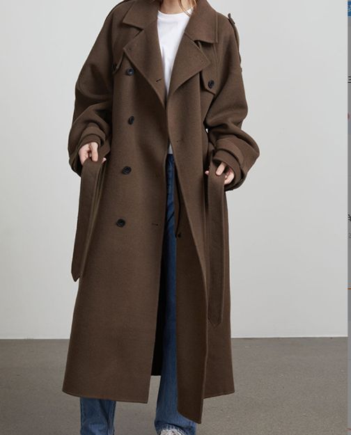 Women's solid color lapel long coat woolen retro coat
