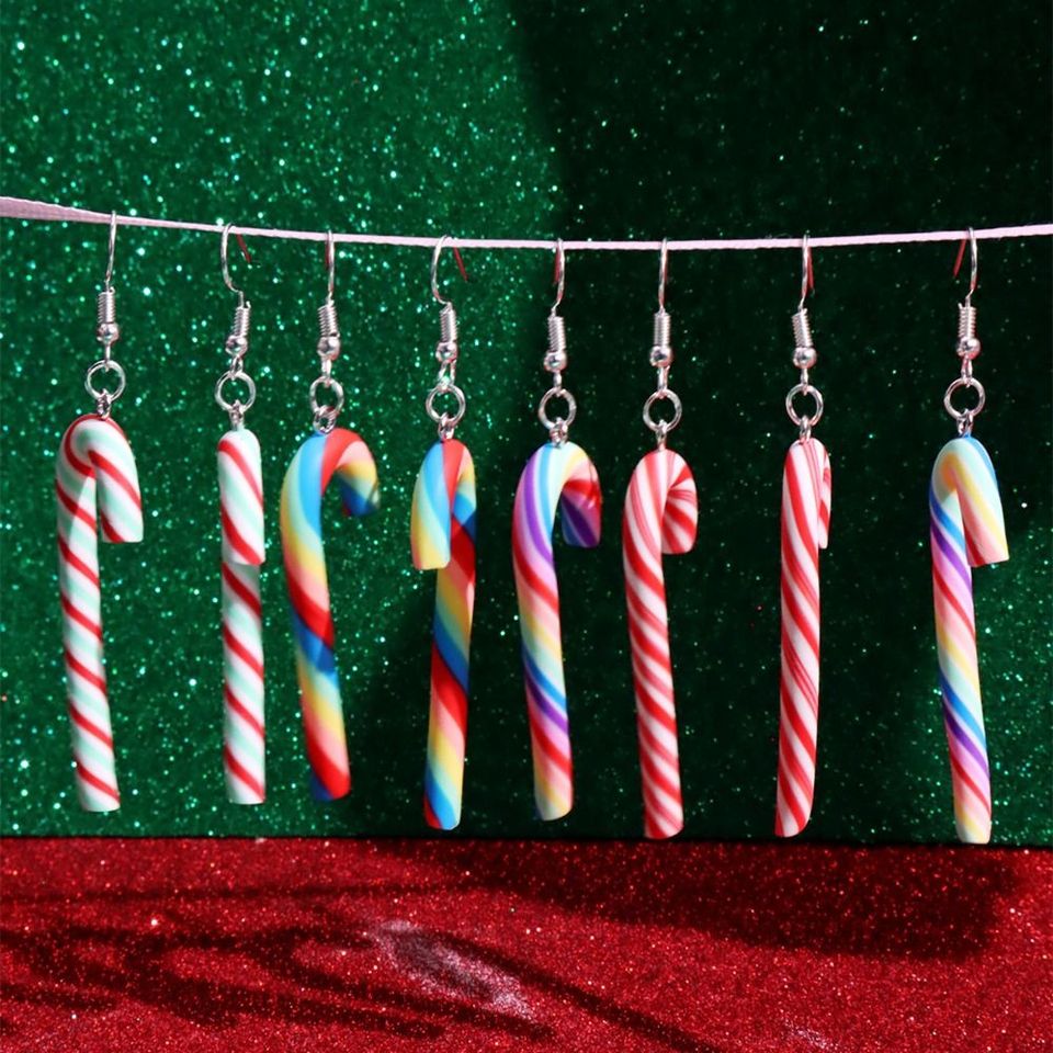 1 Pair Cute Long Candy Cane Resin Earrings Christmas Nordic Style Handmade Weaving Red Color Santa Jewel Accessories