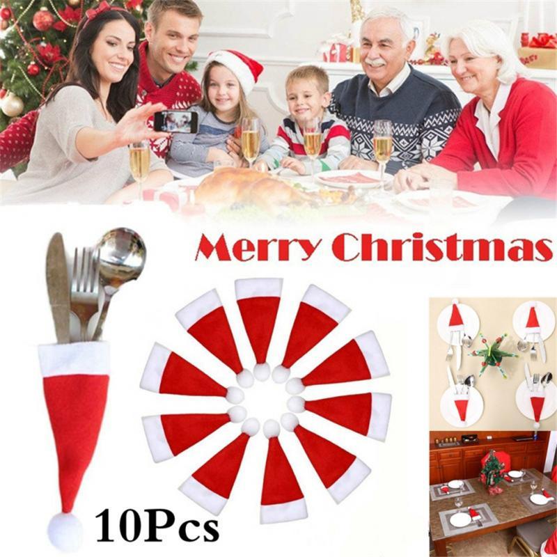 1~10Pcs Merry Christmas Decoration 2024 Christmas Tableware Bag Holder Christmas Hat Fork Knife Cutlery Bag Christmas Ornament