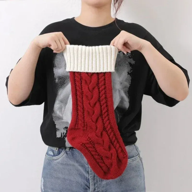 1Pcs Knitted Christmas Stocking Large Capacity Knitted Christmas Gift Bag with Colorful Wrong Angle Twisted Pattern