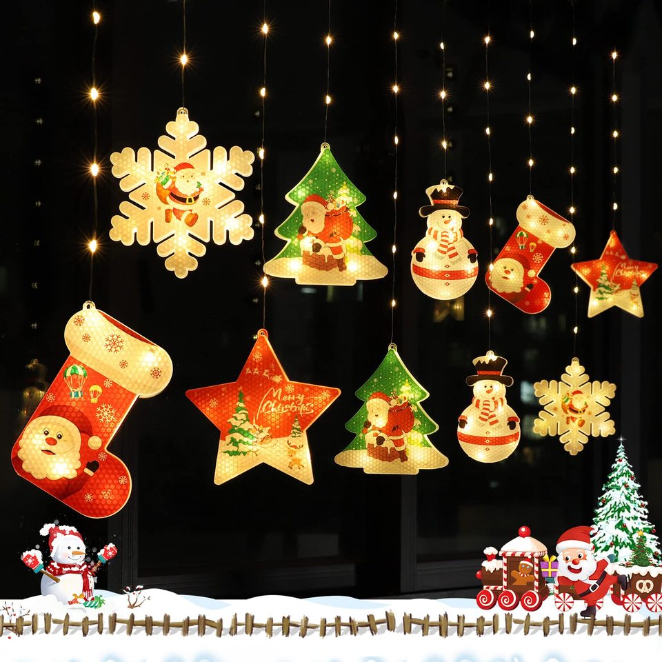 Christmas Window Lights Element Flashing Curtain Light Window Decorations Hanging Indoor LED String Lights Xmas Lights