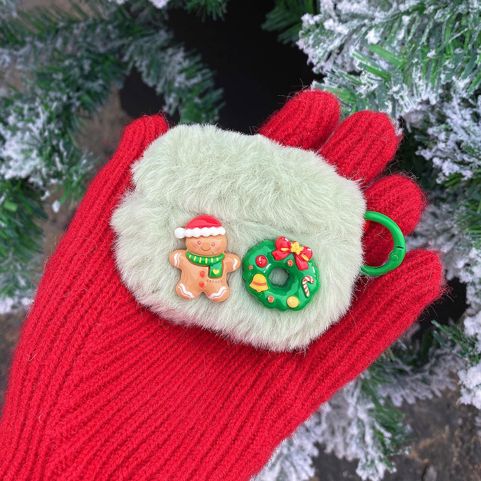 Winter Warm Green Plush Fluffy Christmas DIY Headphone Case For AirPods Pro 2 Air Pods 1 2 3 4 Wireless Bluetooth Earphone Cover