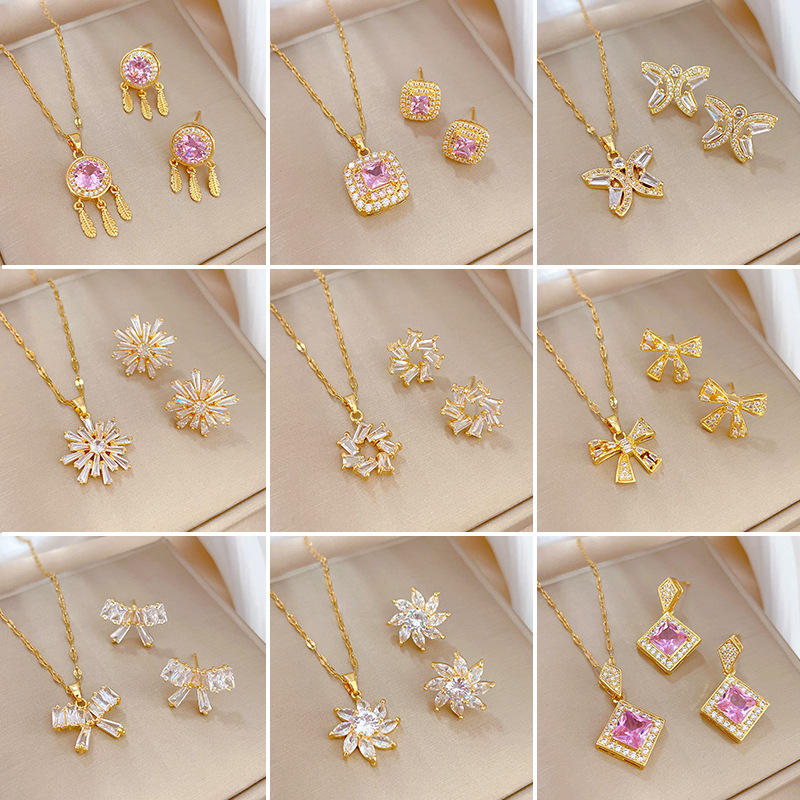 Luxury Crystal Flower Star Bowknot Butterfly Stud Earrings Necklace Set for Women Waterdrop Angel Stainless Steel Jewelry Sets