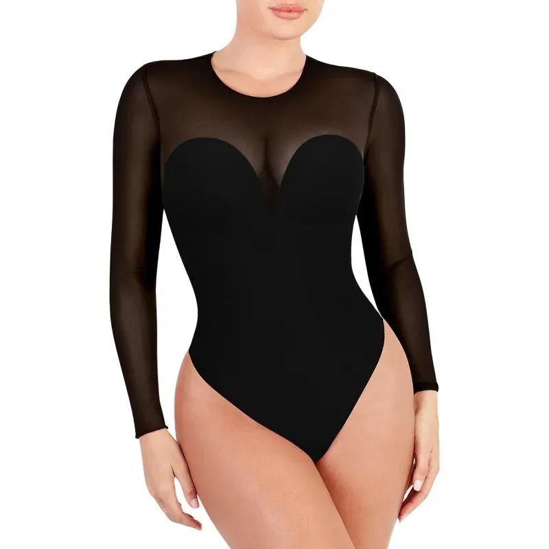 Women's Tummy Control Mesh Bodysuit with Built in Bra, Shapewear Bodysuit