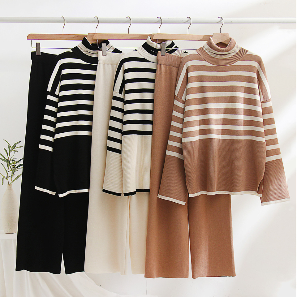 Women Elastic Pullovers Pant Set Casual Sweater Suits Autumn Winter Knitted Tracksuit Female Loose Long Sleeve Elegance Tops