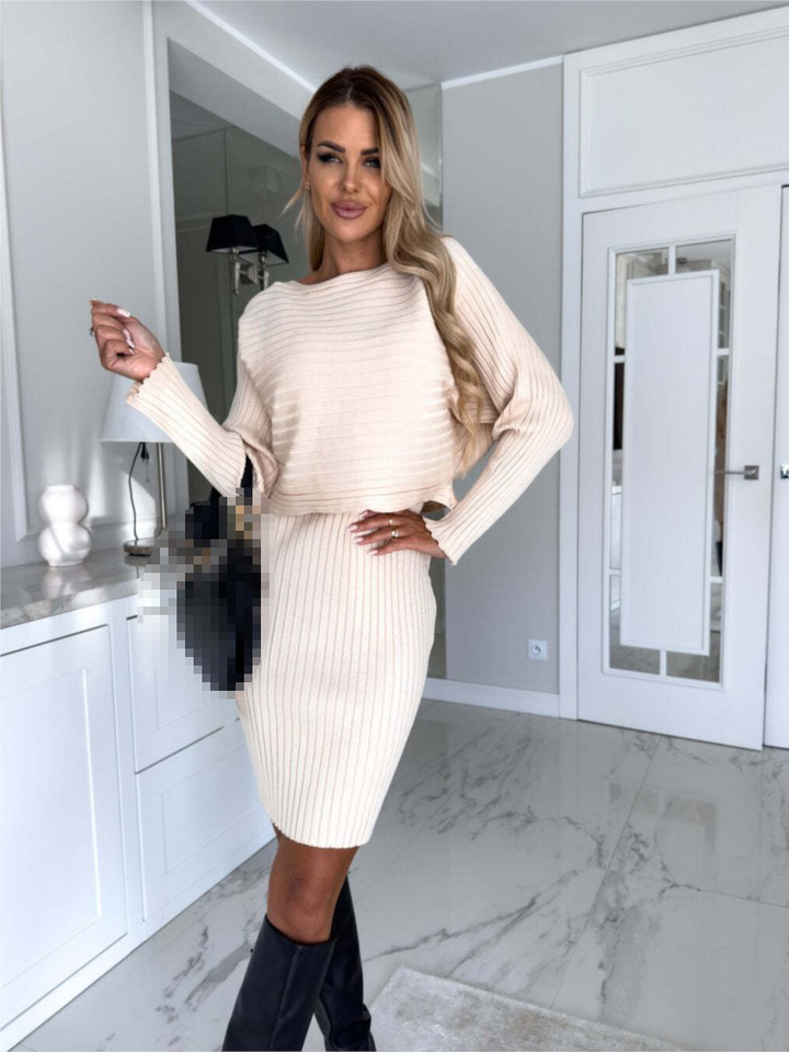 Autumn Winter Fashion Slim Solid Two Piece Sets Women's Long Sleeve Pullover Top & Knitted Pit Stripe Sleeveless Dress Outfits